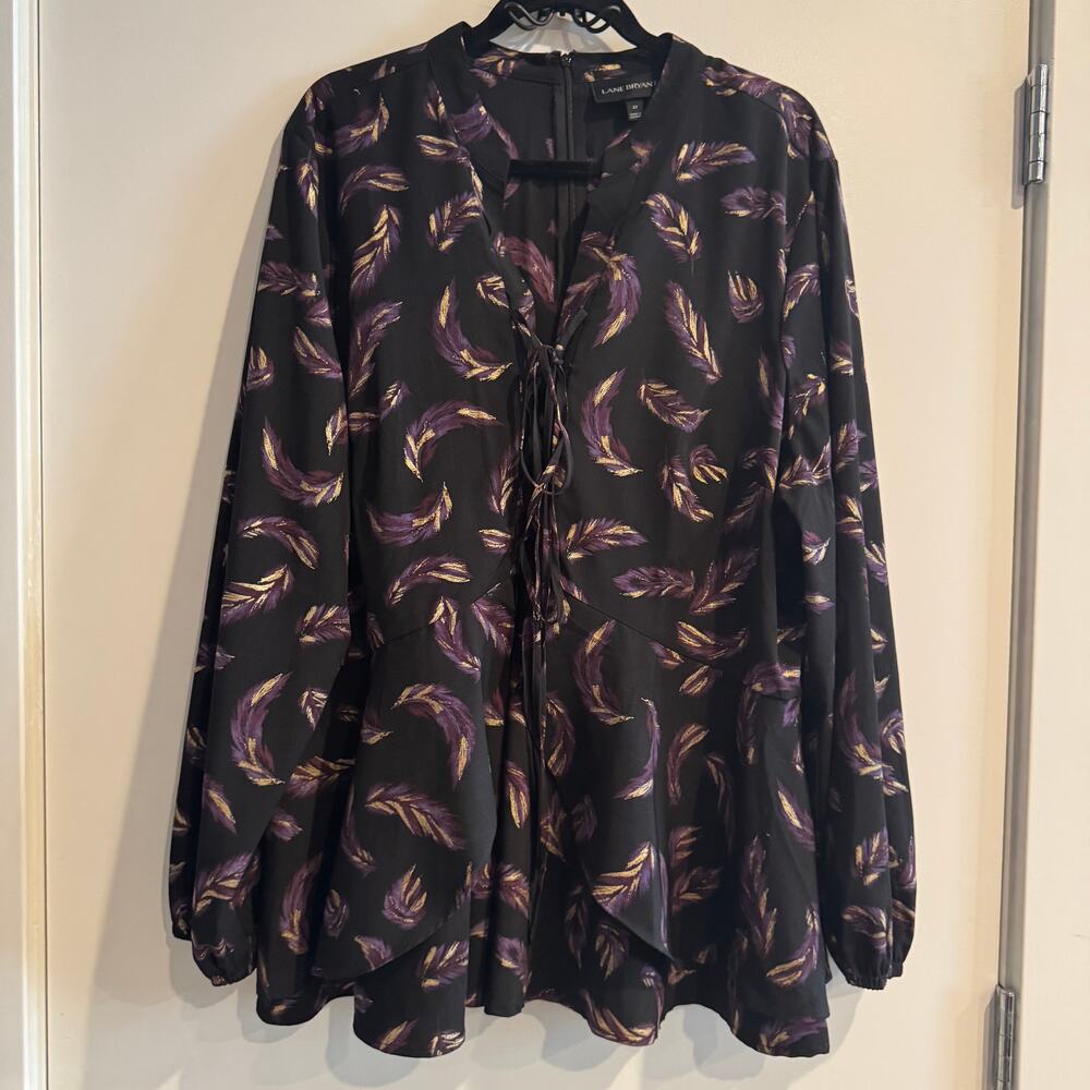 Lane Bryant Peplum Top Black Purple Feather Back Zip Lace Up Long Sleeve Sz 22